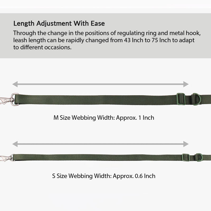 Adjustable dog leash length from 43 to 75 inches, designed for flexible handheld or crossbody walking styles.