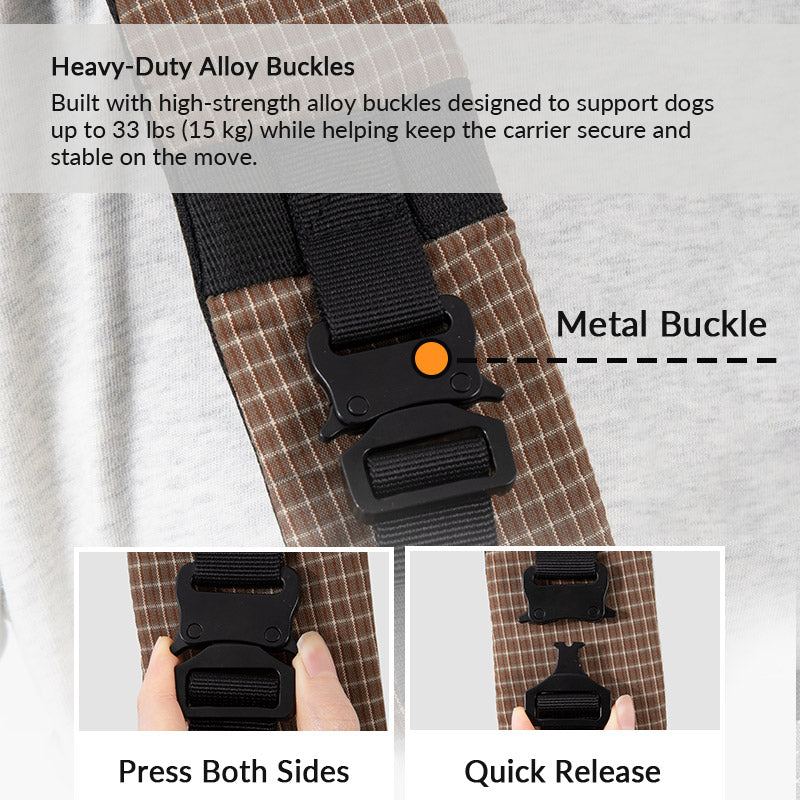 Heavy-duty buckle carrier supports small dogs up to 33 lb with a secure quick-release fastening system.