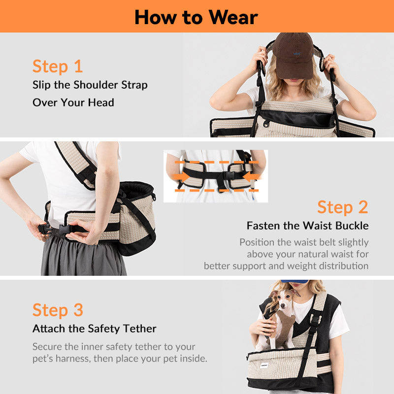 Crossbody pet carrier wearing guide showing shoulder strap placement, waist buckle, and inner safety tether.