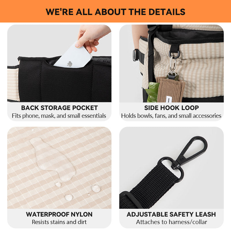 Pet travel sling details include a rear pocket, accessory hook, water-resistant nylon, and adjustable safety tether.