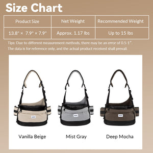 Pet hip seat size chart showing 13.8 x 7.9 x 7.9 in dimensions and three colors for pets up to 15 lb.