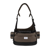 Checkered pet hip seat bag in deep mocha with a wide open seat, padded strap, and hands-free crossbody styling.