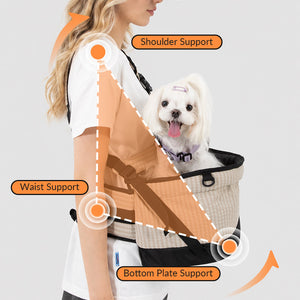 Pet hip seat carrier support diagram showing shoulder, waist, and base support for balanced front carrying.