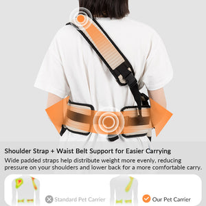 Padded shoulder strap and wide waist belt help share the load while carrying a dog close to your body.