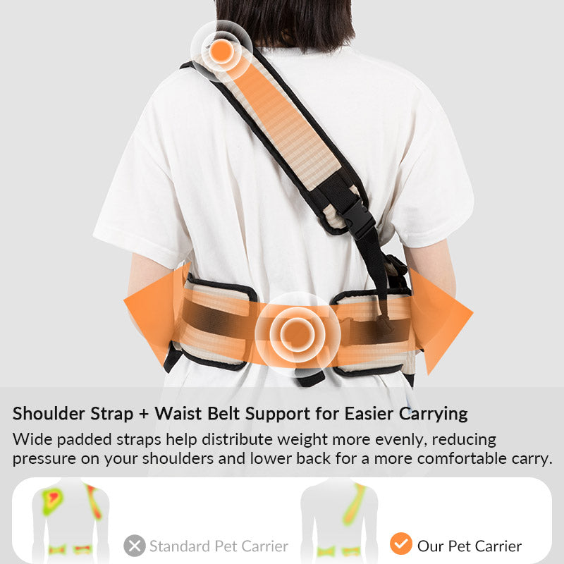 Padded shoulder strap and wide waist belt help share the load while carrying a dog close to your body.