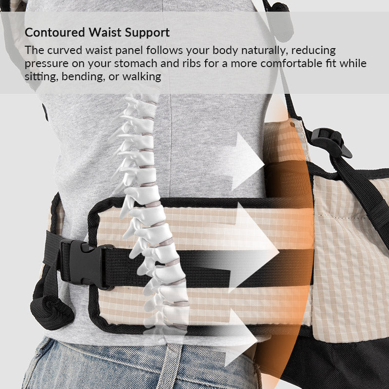 Contoured waist support panel curves around the body for a steadier fit while sitting, bending, or walking.