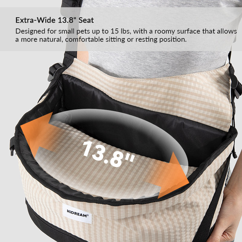 Extra-wide 13.8 in pet seat provides space for dogs and cats to sit or settle comfortably during outings.
