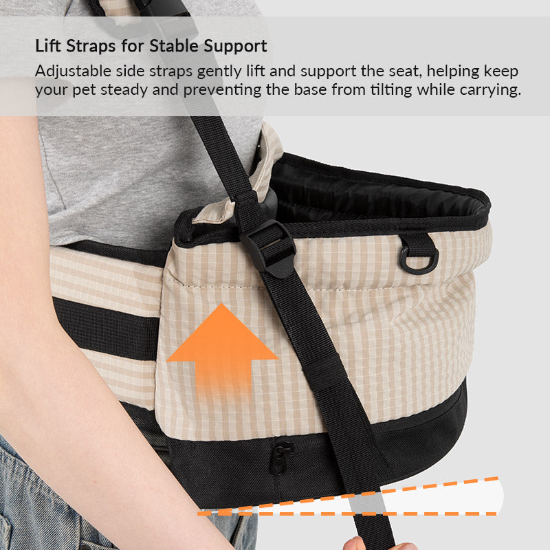 Adjustable side lift straps help keep the pet seat level and supported during everyday crossbody carrying.